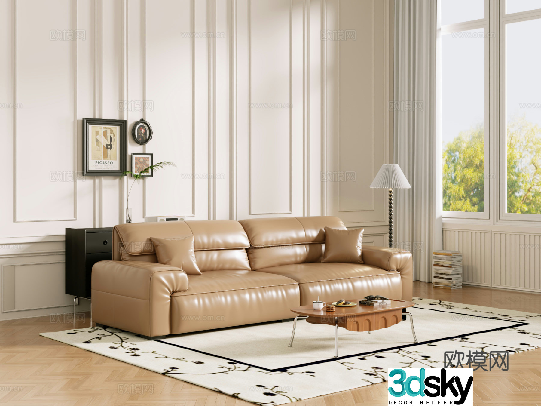 Middle-aged sofa combination coffee table carpet multi-person sofa 3D model
