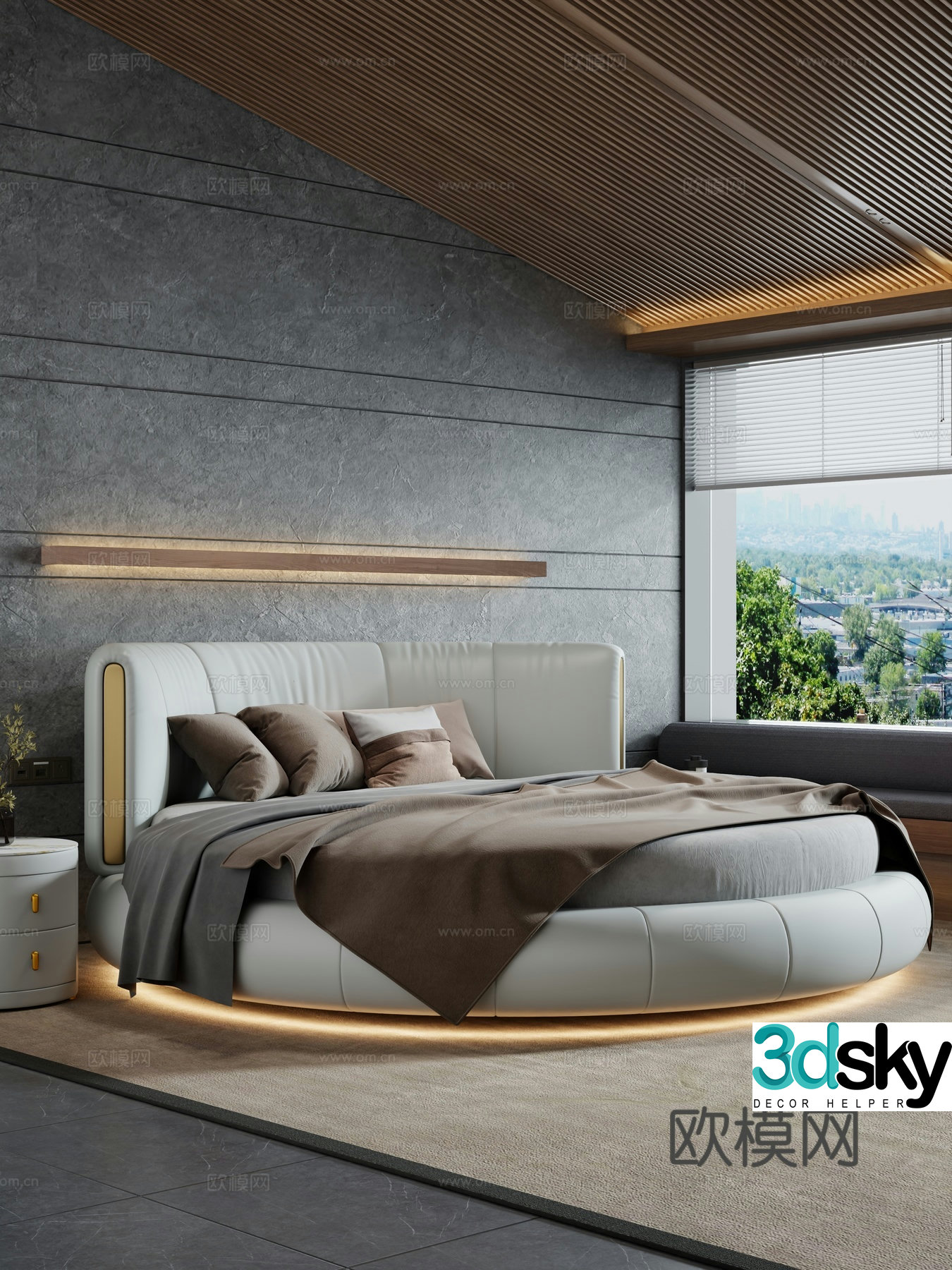 Bedroom and home double bed round bed nightstand minimalist bed decoration hanging painting 3d model