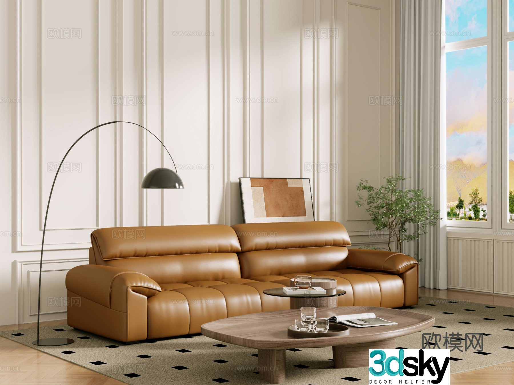 Middle-aged sofa combination coffee table carpet multi-person sofa 3D model