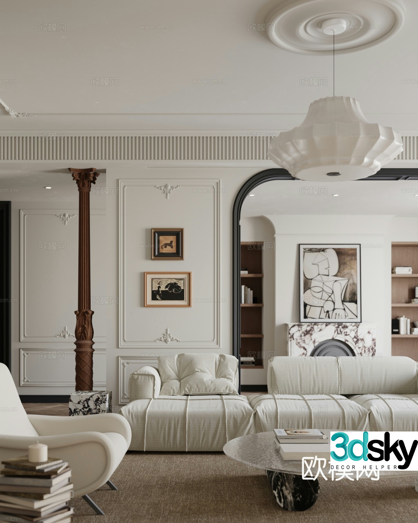 Modern French horizontal hall Light French living room Fireplace Roman column Gypsum line Chest of drawers 3d model