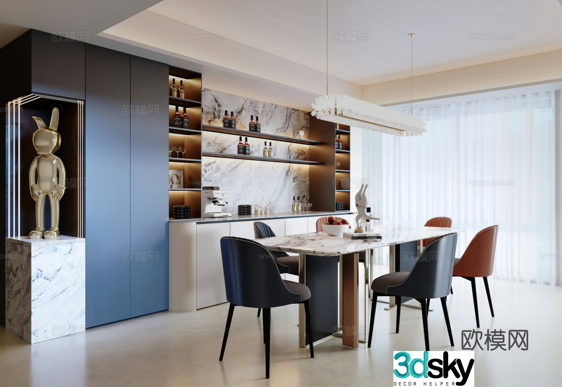 Modern Italian restaurant Italian sideboard Dining table and chairs Chandelier Sculpture 3D model