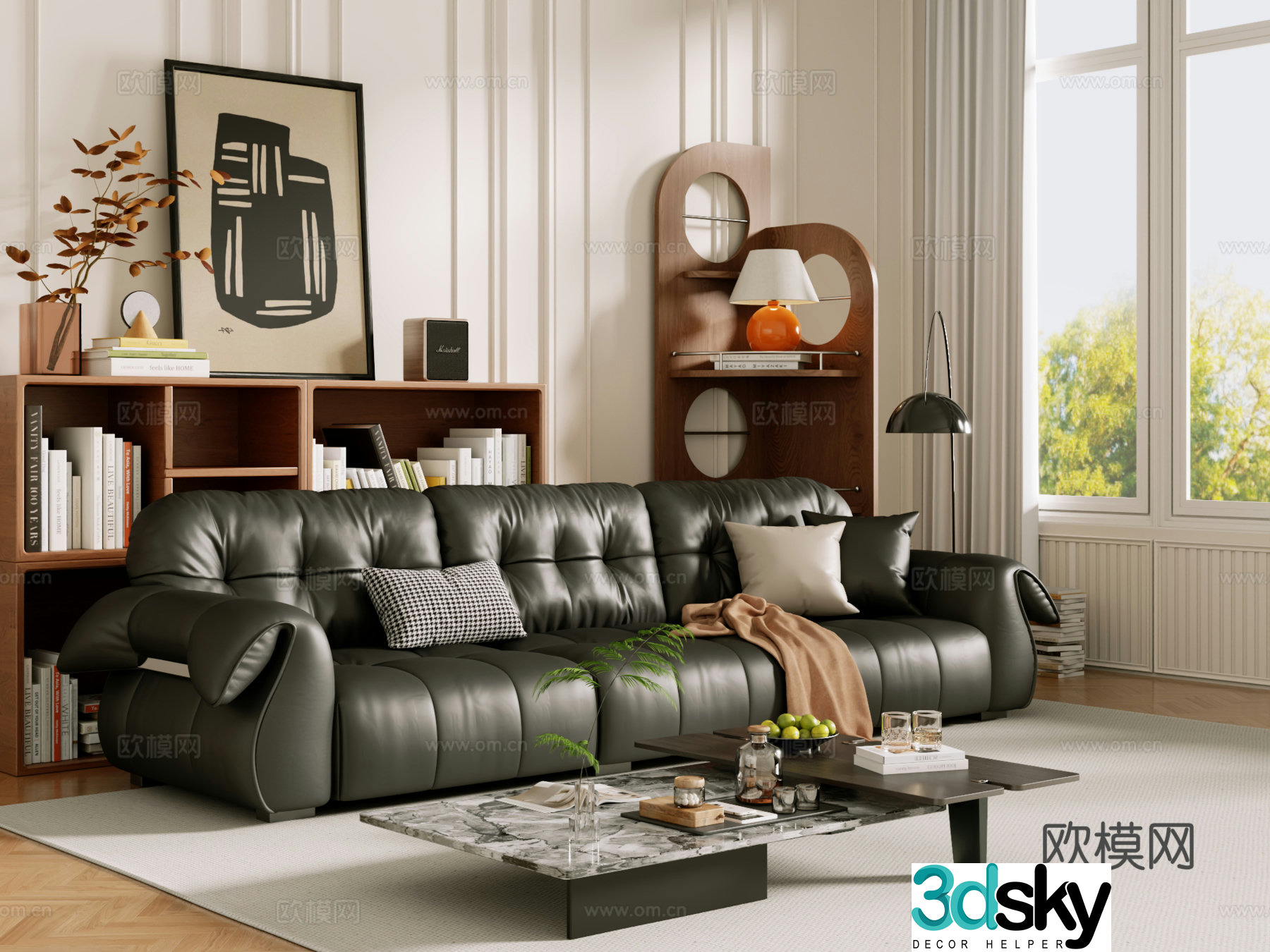 Middle-aged sofa combination coffee table carpet multi-person sofa 3D model