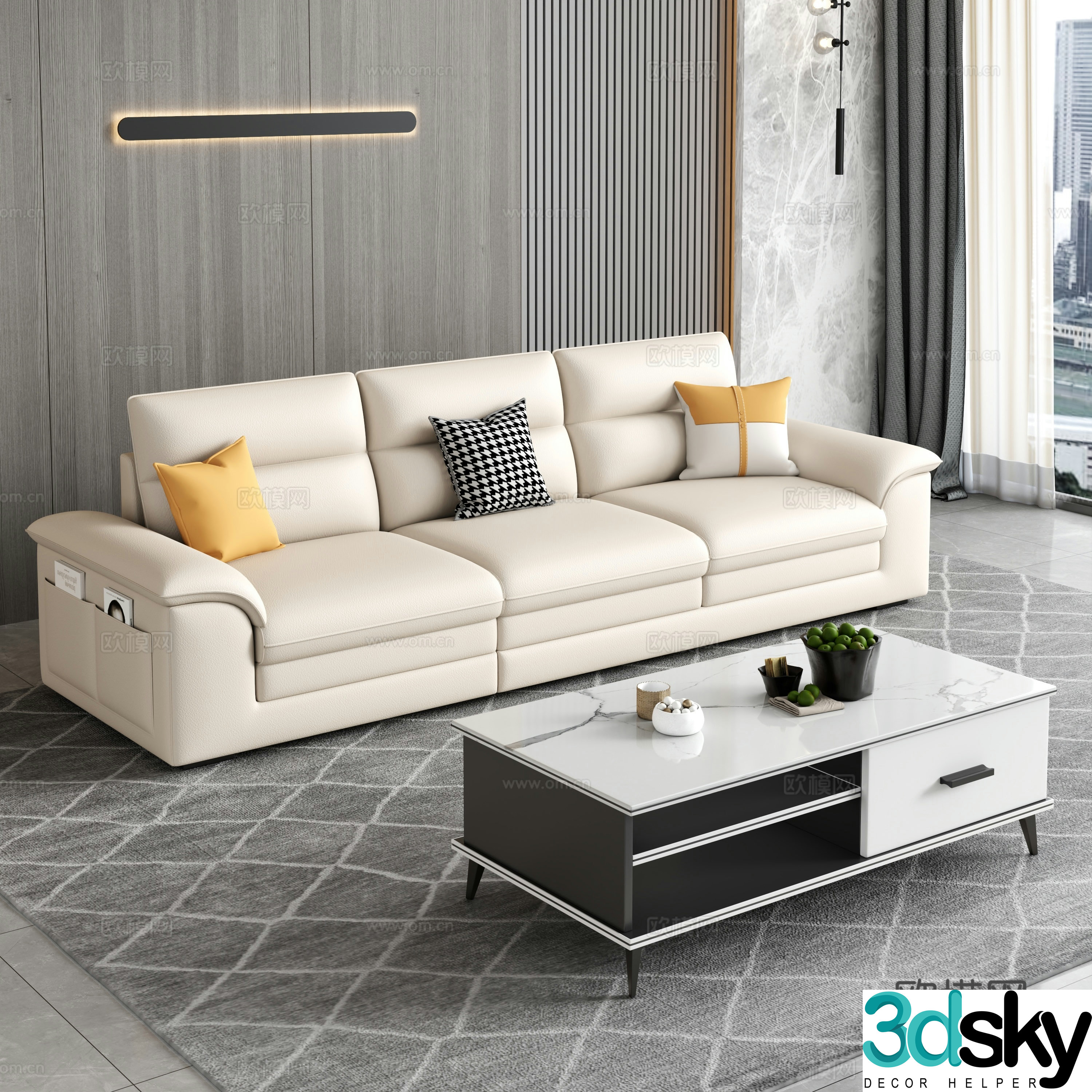 Creamy living room modern simple home living room sofa coffee table combination fabric sofa storage cabinet 3d model