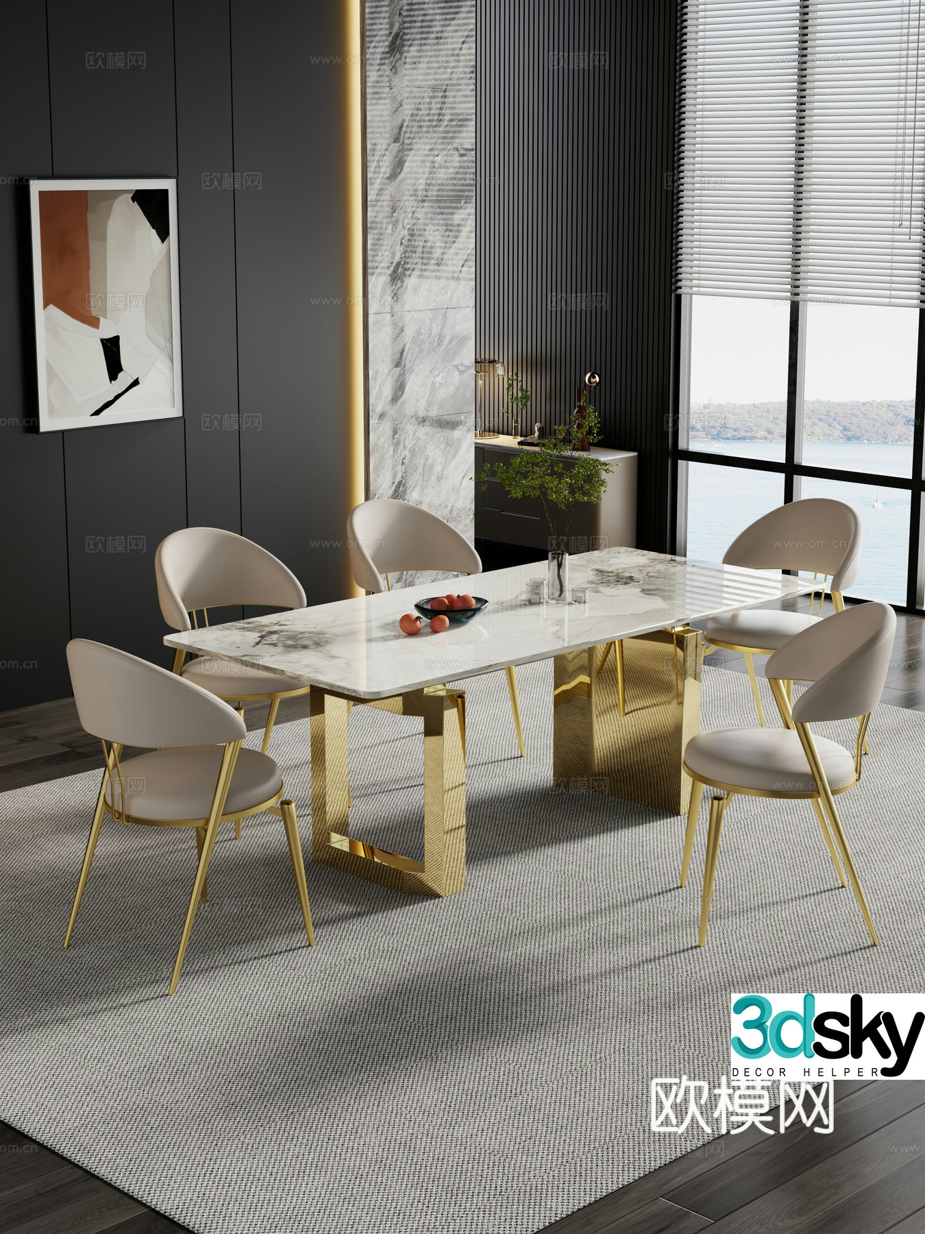Restaurant Dining table and chair combination Rock table hanging paintings Decoration 3D model