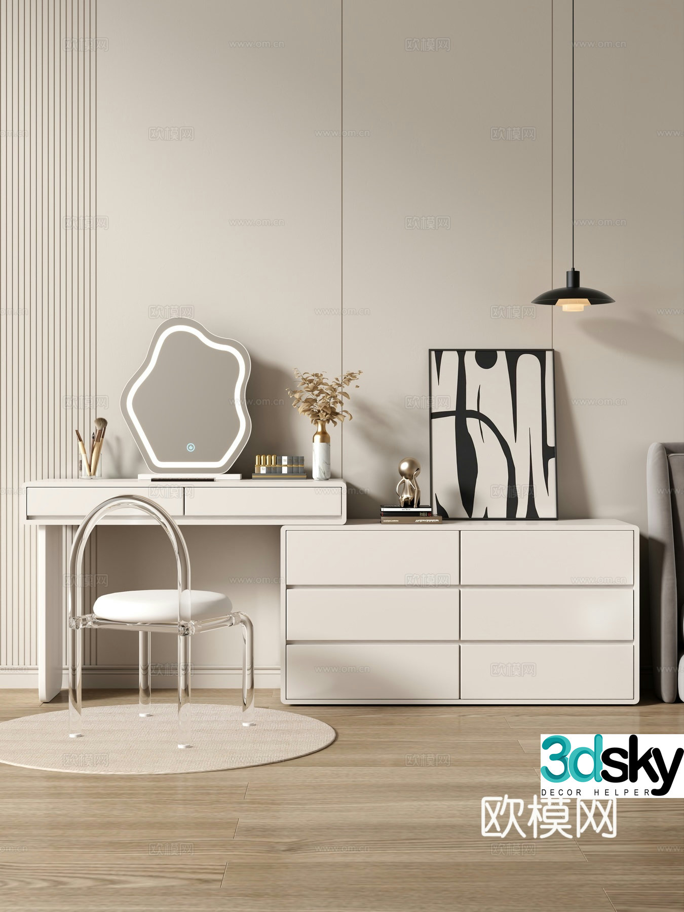 Cream style dressing table makeup stool combination dressing table makeup stool mirror decoration hanging painting 3D model