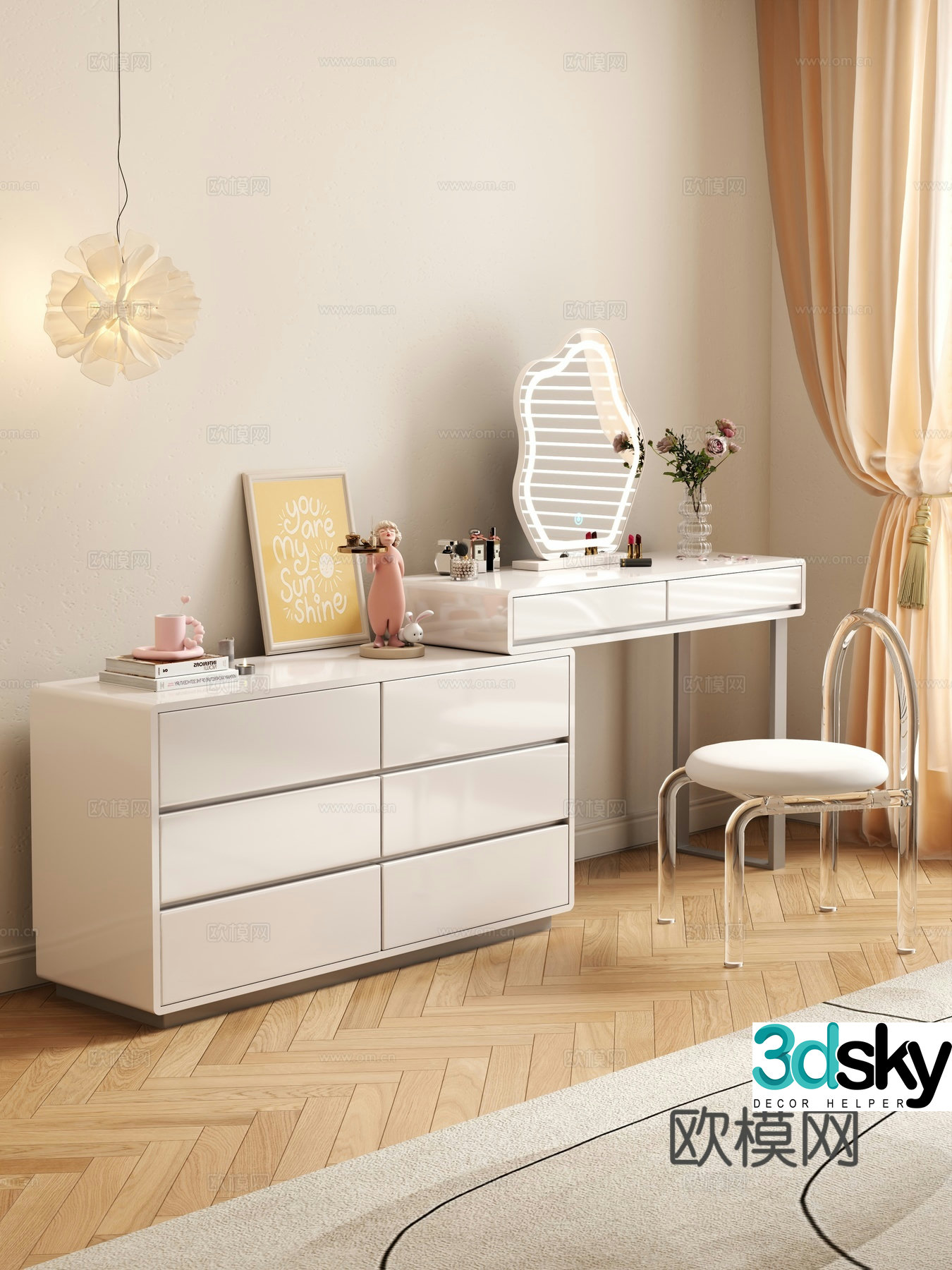 Cream style dressing table makeup stool combination dressing table makeup stool mirror decoration hanging painting 3D model