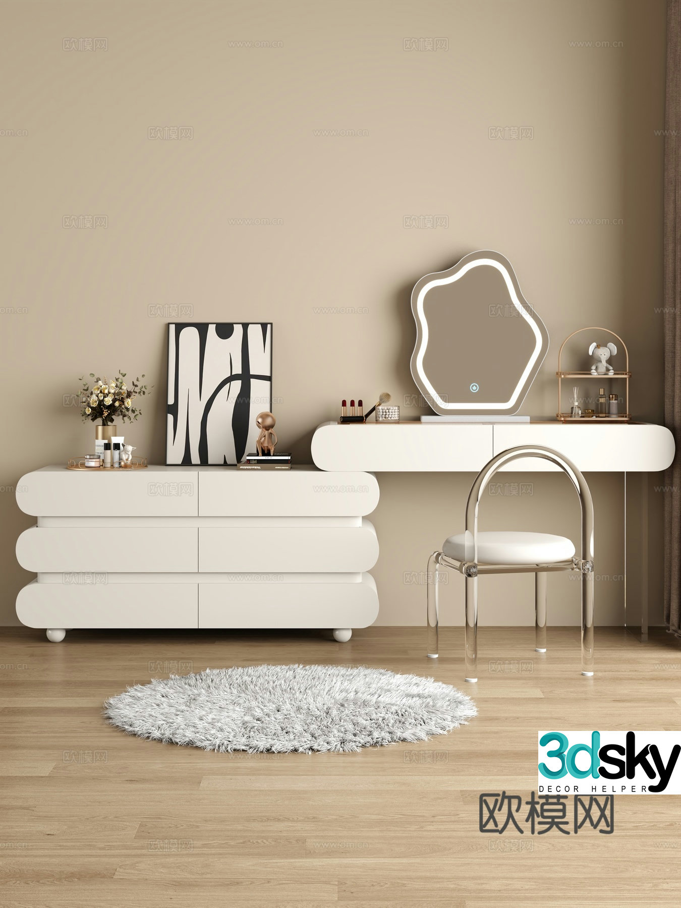 Cream style dressing table makeup stool combination dressing table makeup stool mirror decoration hanging painting 3D model