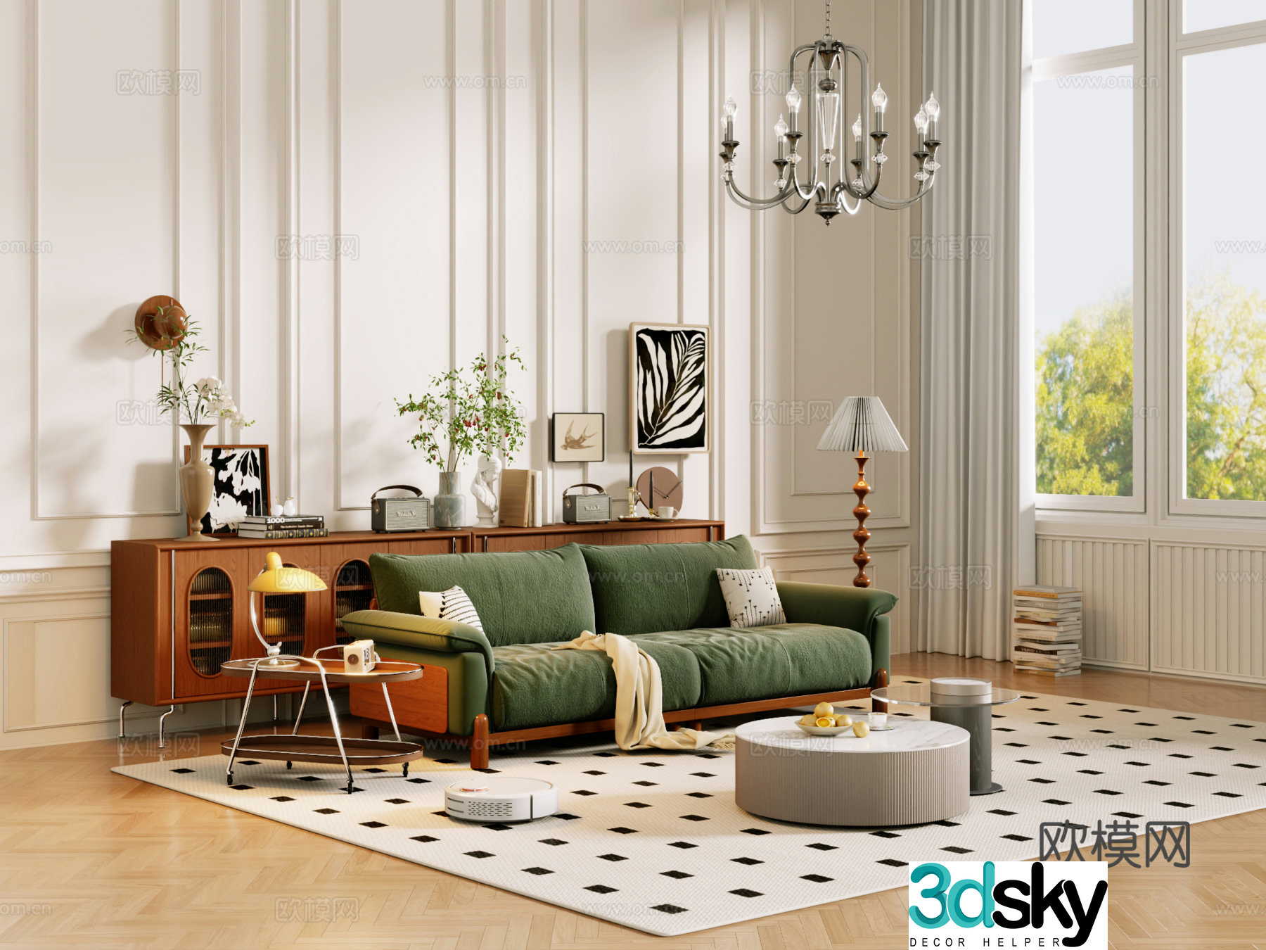 Middle-aged sofa combination coffee table carpet multi-person sofa 3D model