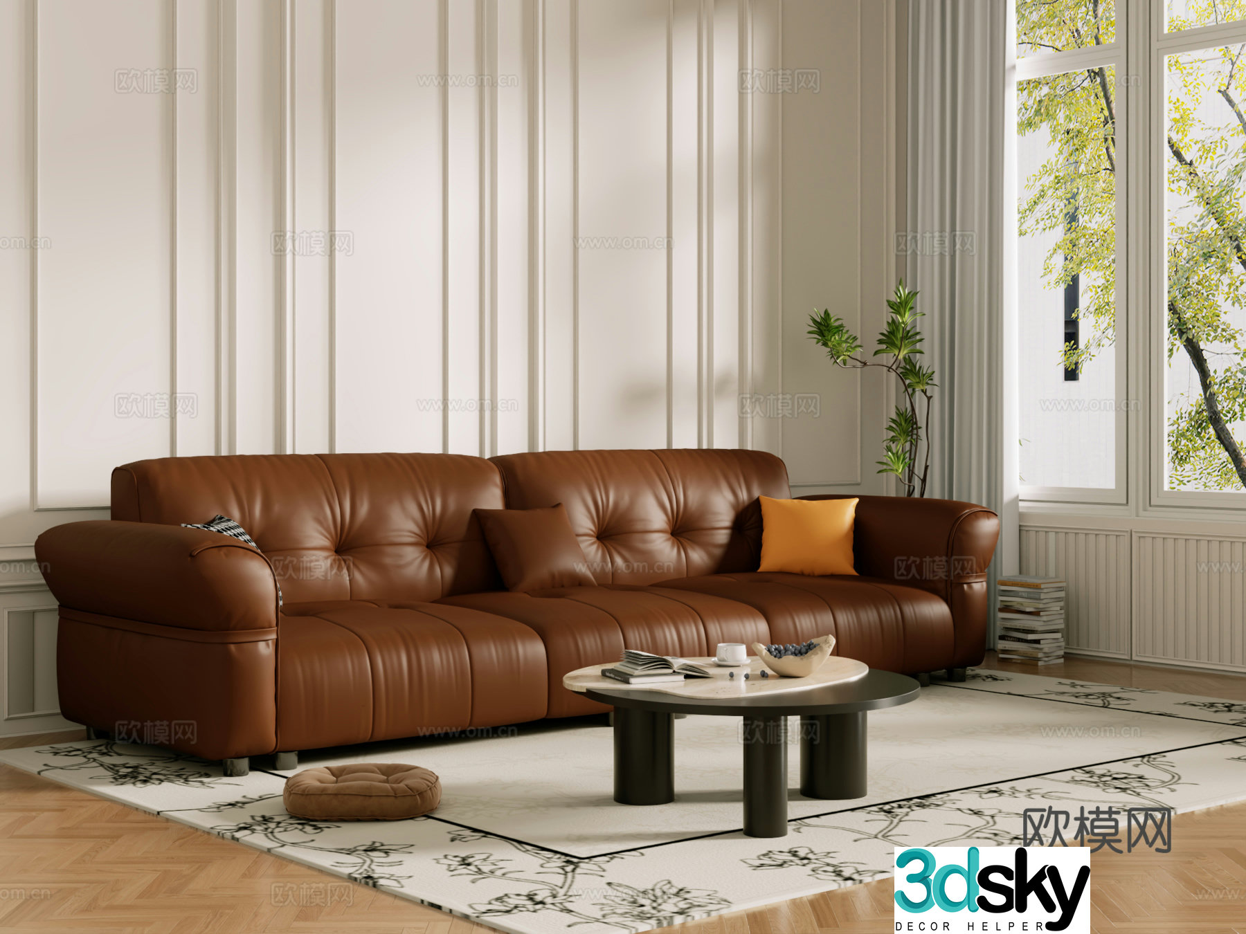 Middle-aged sofa combination coffee table carpet multi-person sofa 3D model