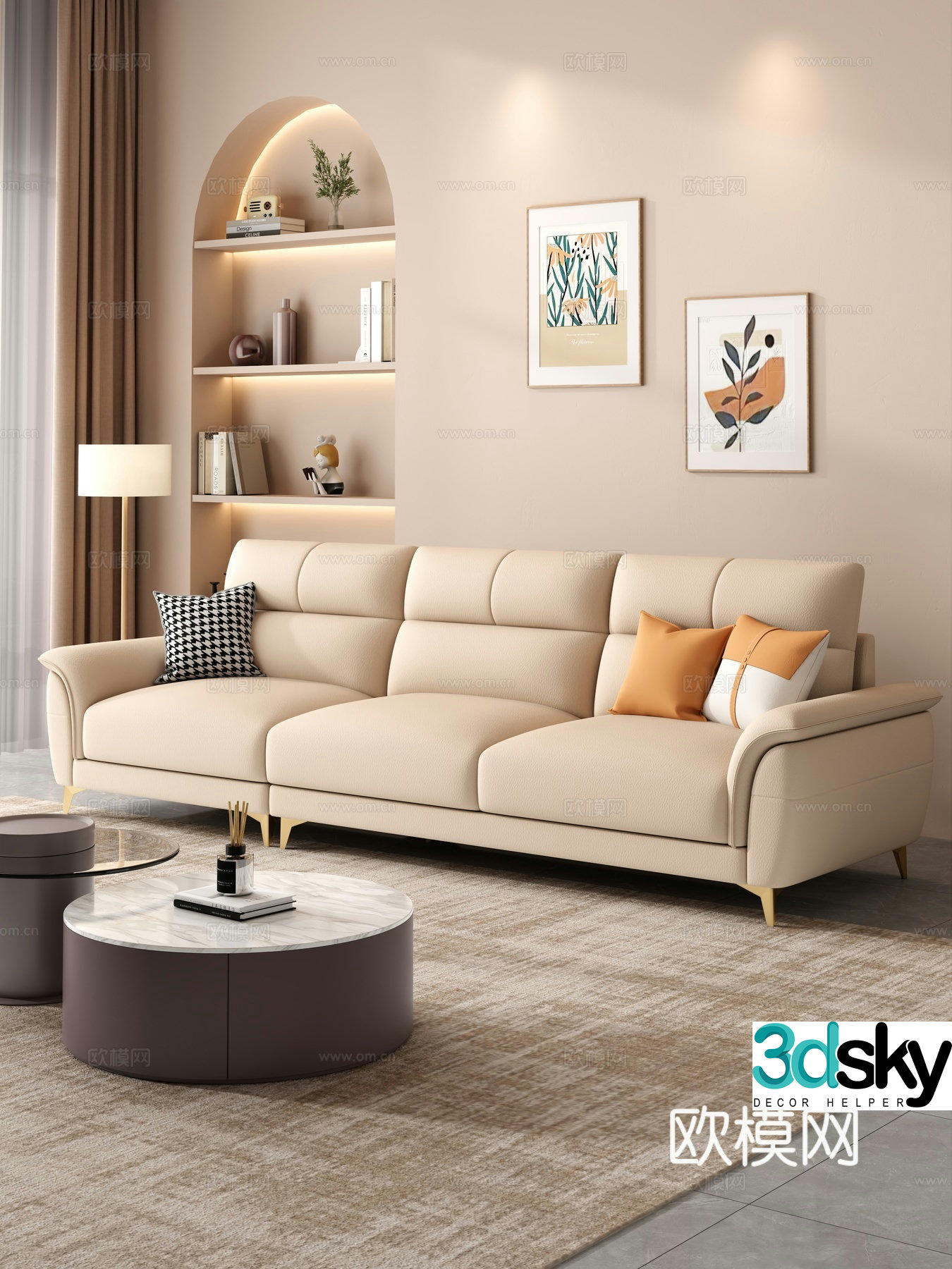Creamy living room modern simple home living room sofa coffee table combination fabric sofa storage cabinet 3d model