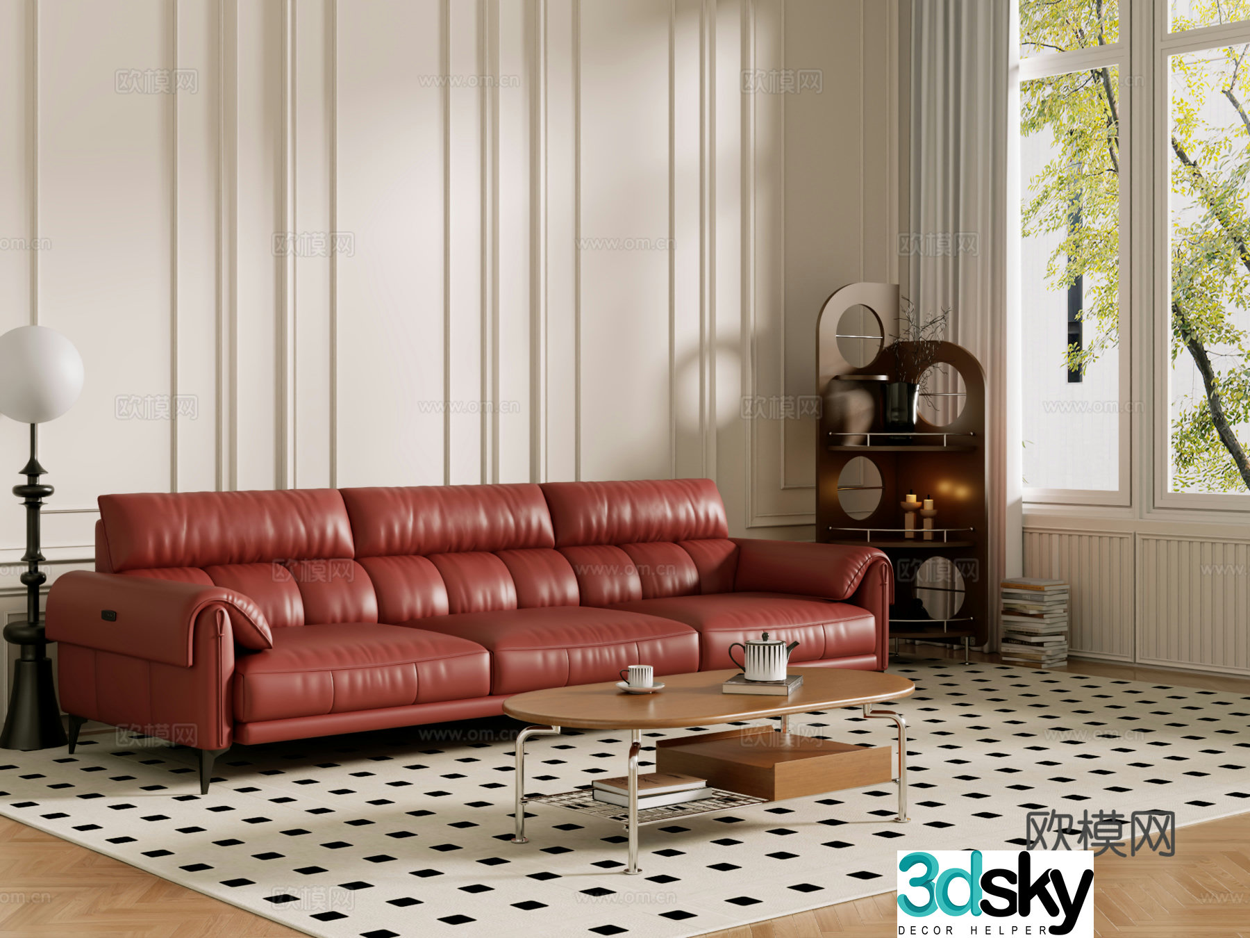 Middle-aged sofa combination coffee table carpet multi-person sofa 3D model