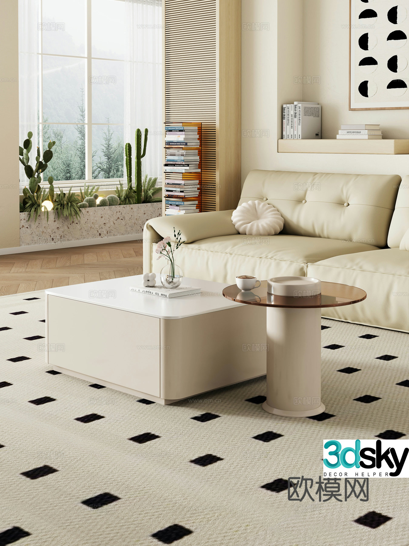 Creamy living room mother-child coffee table sofa coffee table combination decoration 3d model