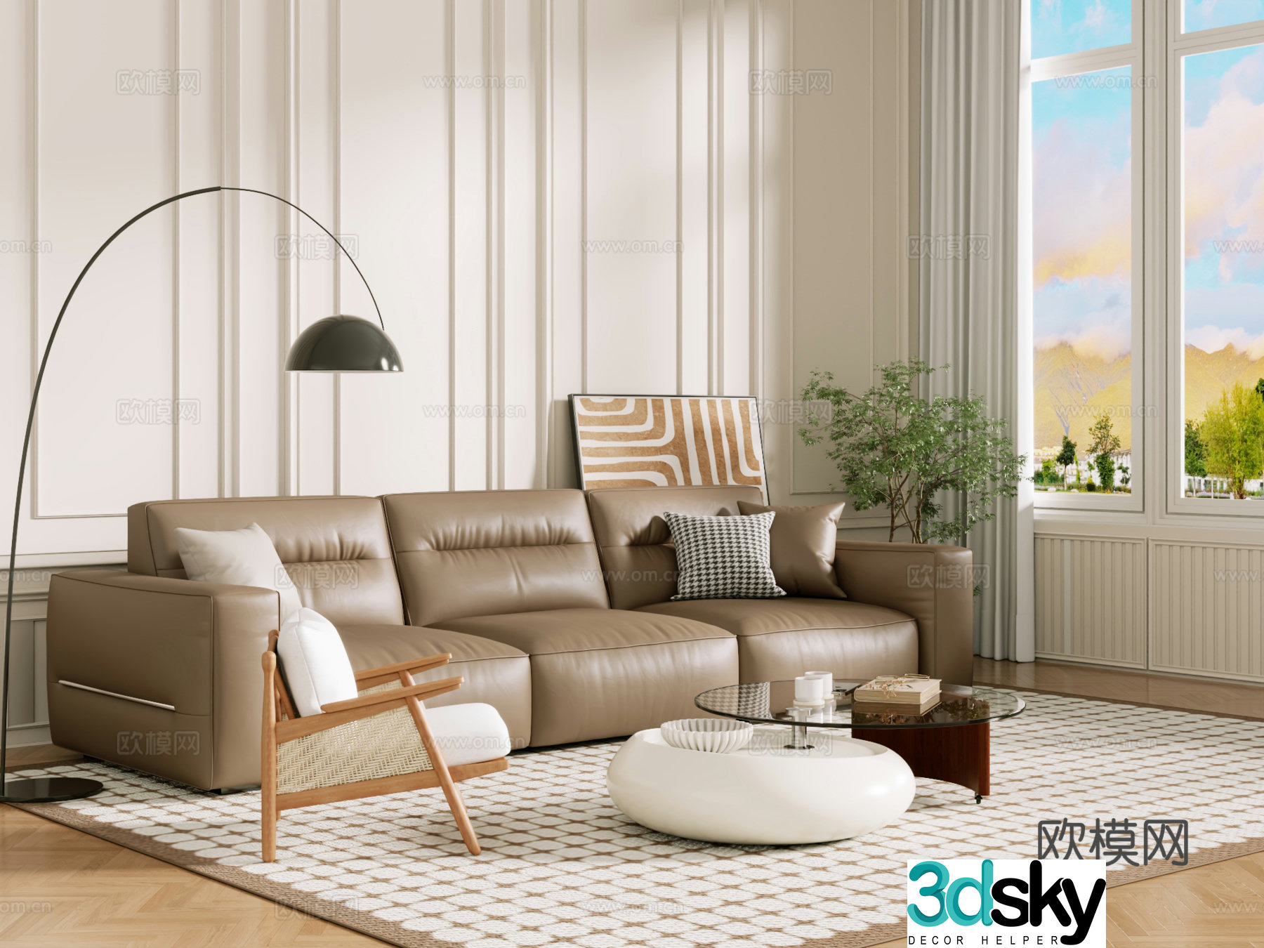 Middle-aged sofa combination coffee table carpet multi-person sofa 3D model