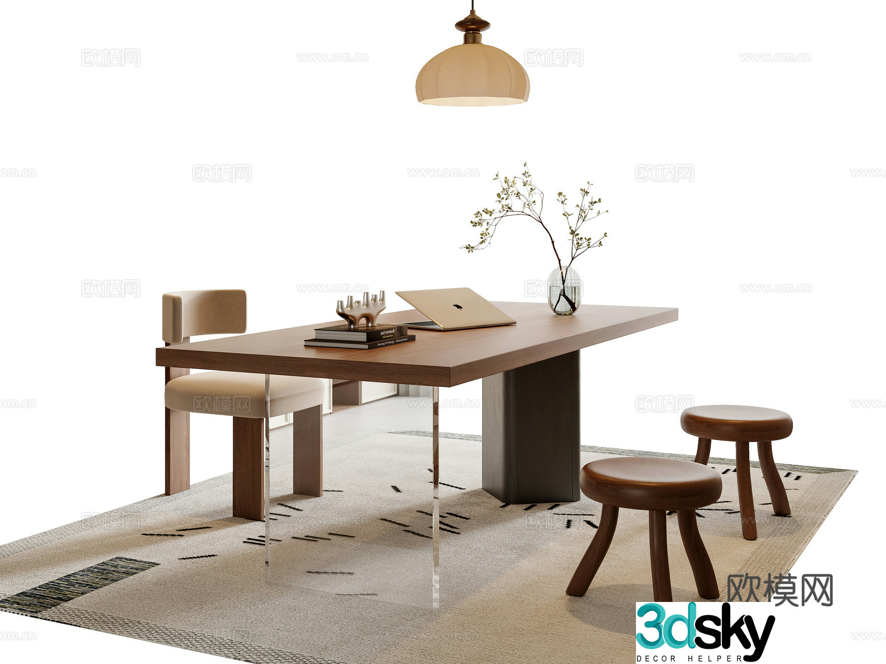 Medium style desk and chair combination 3D model