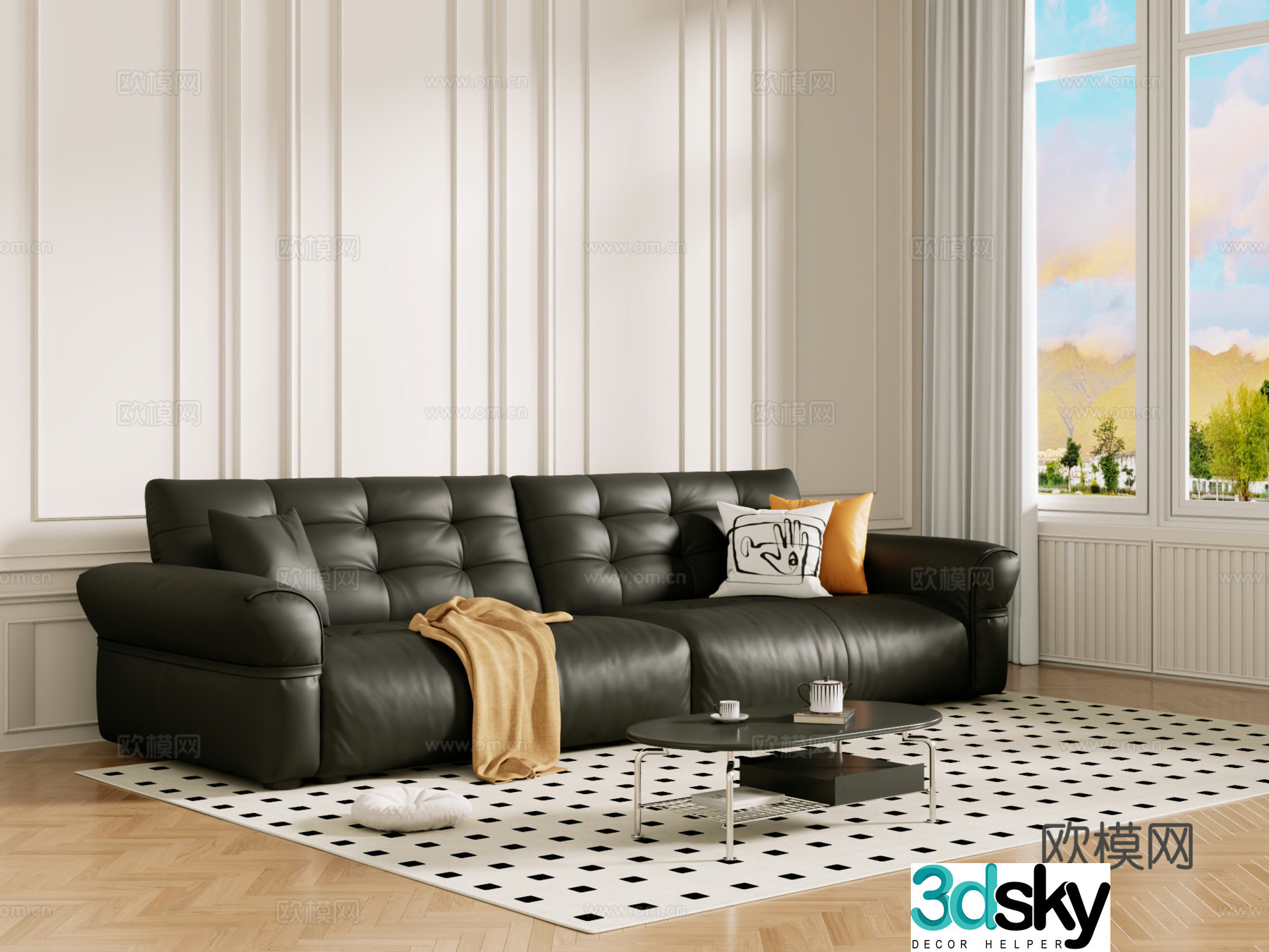 Middle-aged sofa combination coffee table carpet multi-person sofa 3D model