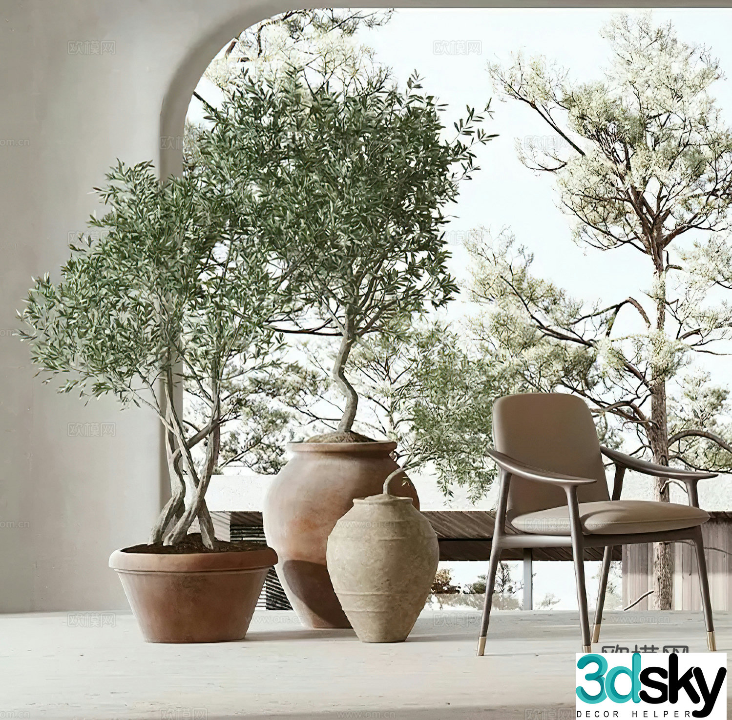 Wasabi potted plants medieval style potted plants ornaments decorations leisure chairs retro new Chinese potted plants 3D model