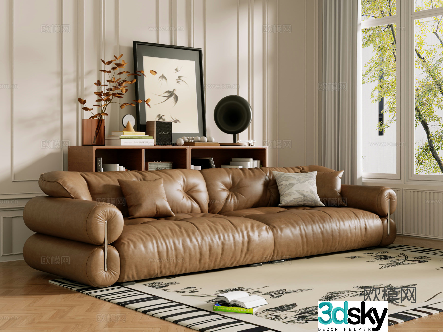Middle-aged sofa combination coffee table carpet multi-person sofa 3D model