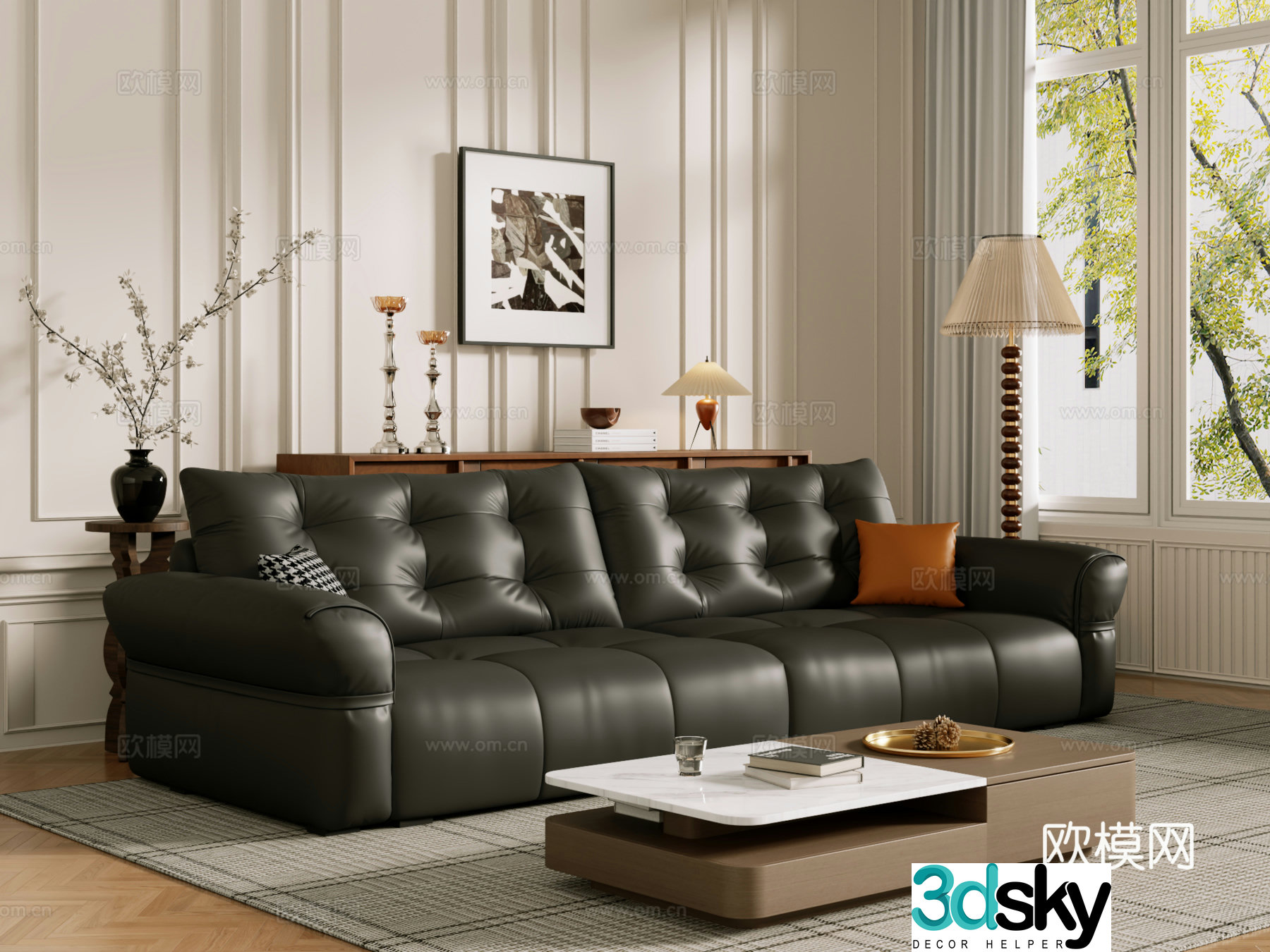 Middle-aged sofa combination coffee table carpet multi-person sofa 3D model