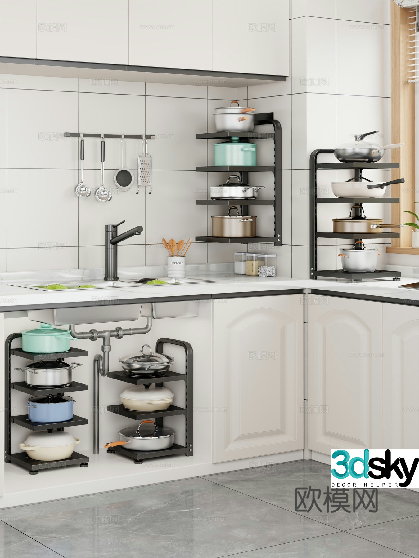 Kitchen storage rack pot and basin kitchen utensils 3d model