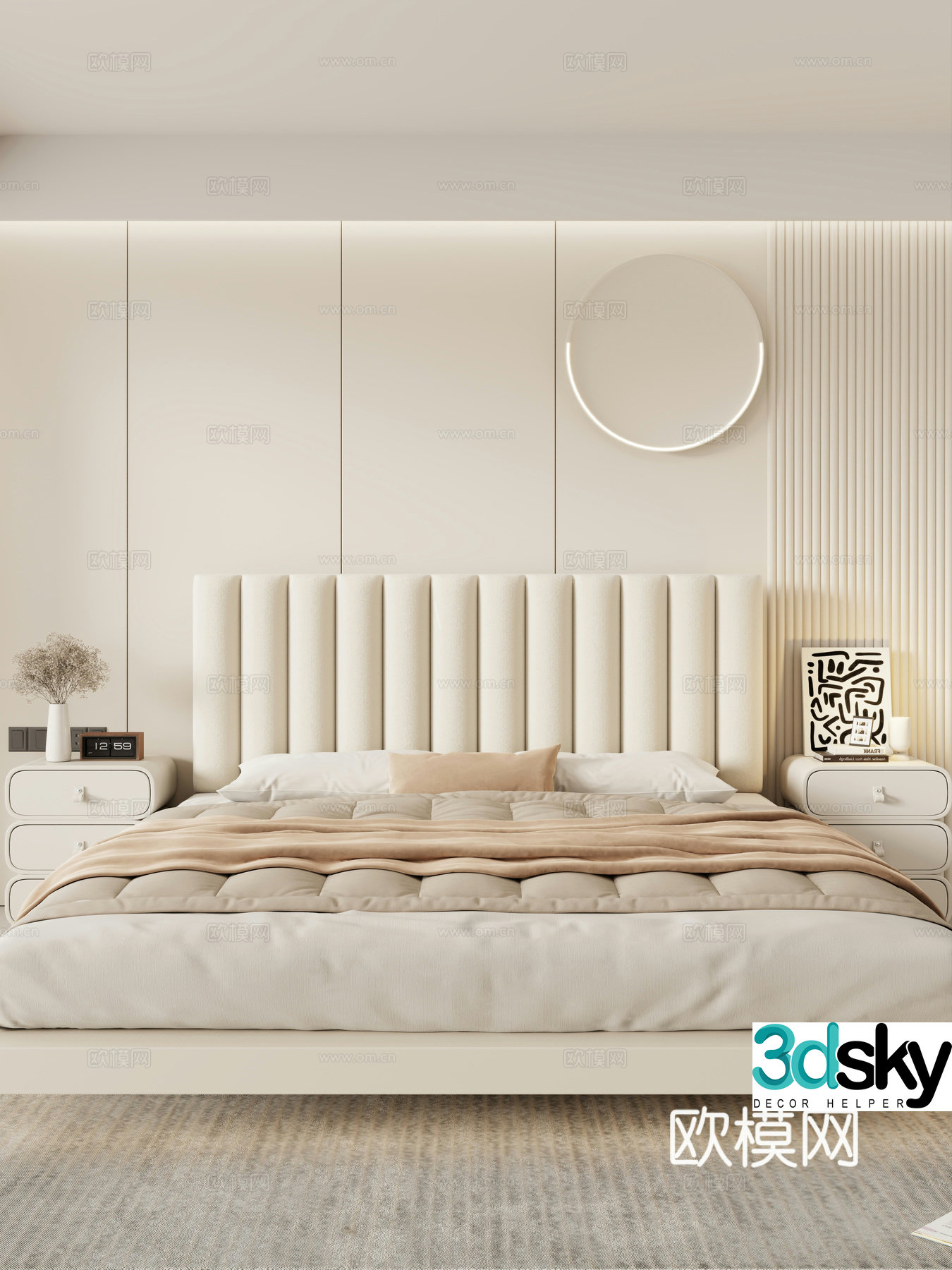 Bedroom and home double bed nightstand minimalist bed bed head decoration hanging painting 3d model