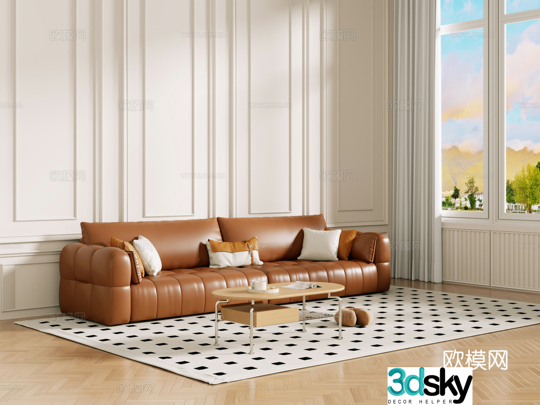 Middle-aged sofa combination coffee table carpet multi-person sofa 3D model
