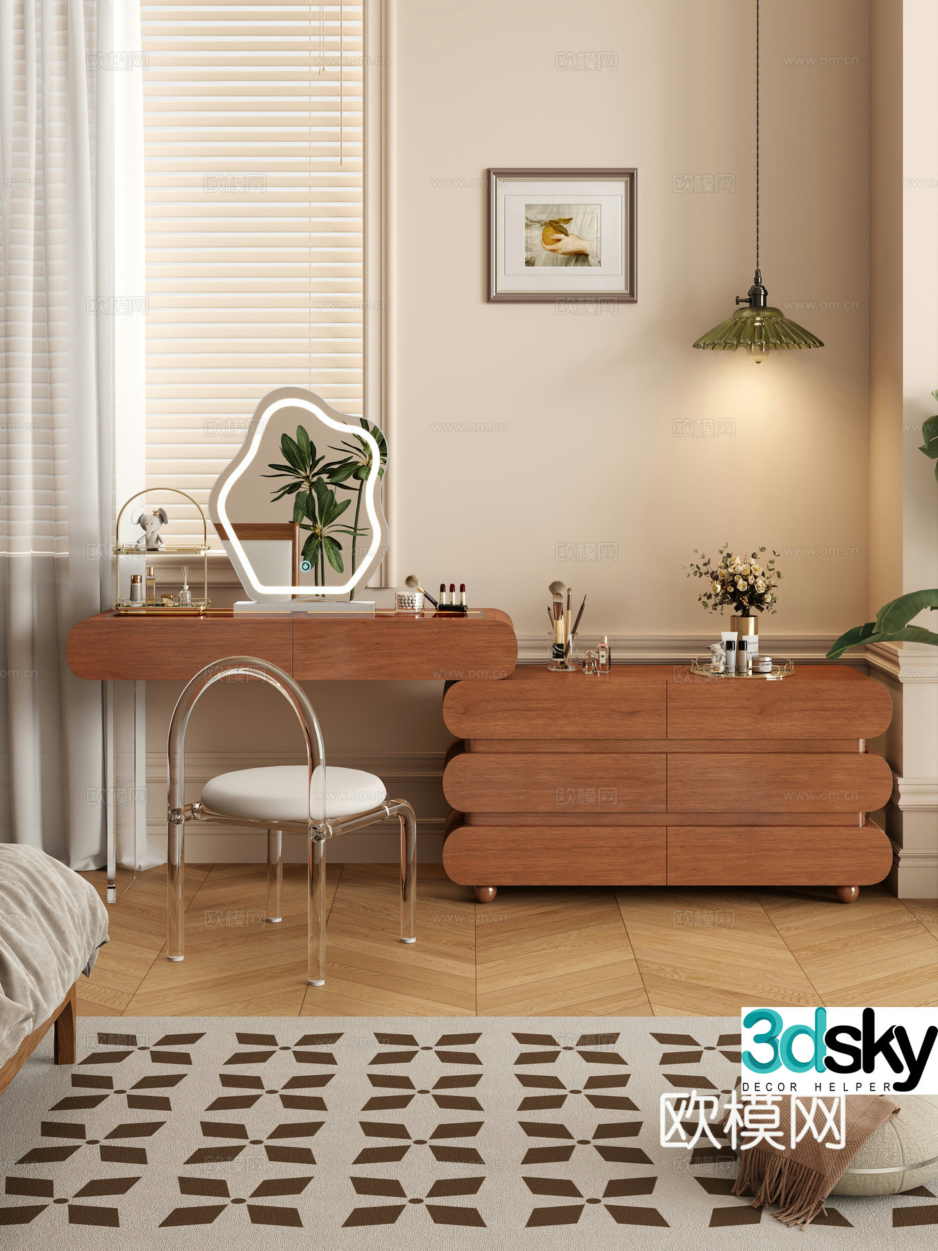 Cream style dressing table makeup stool combination dressing table makeup stool mirror decoration hanging painting 3D model
