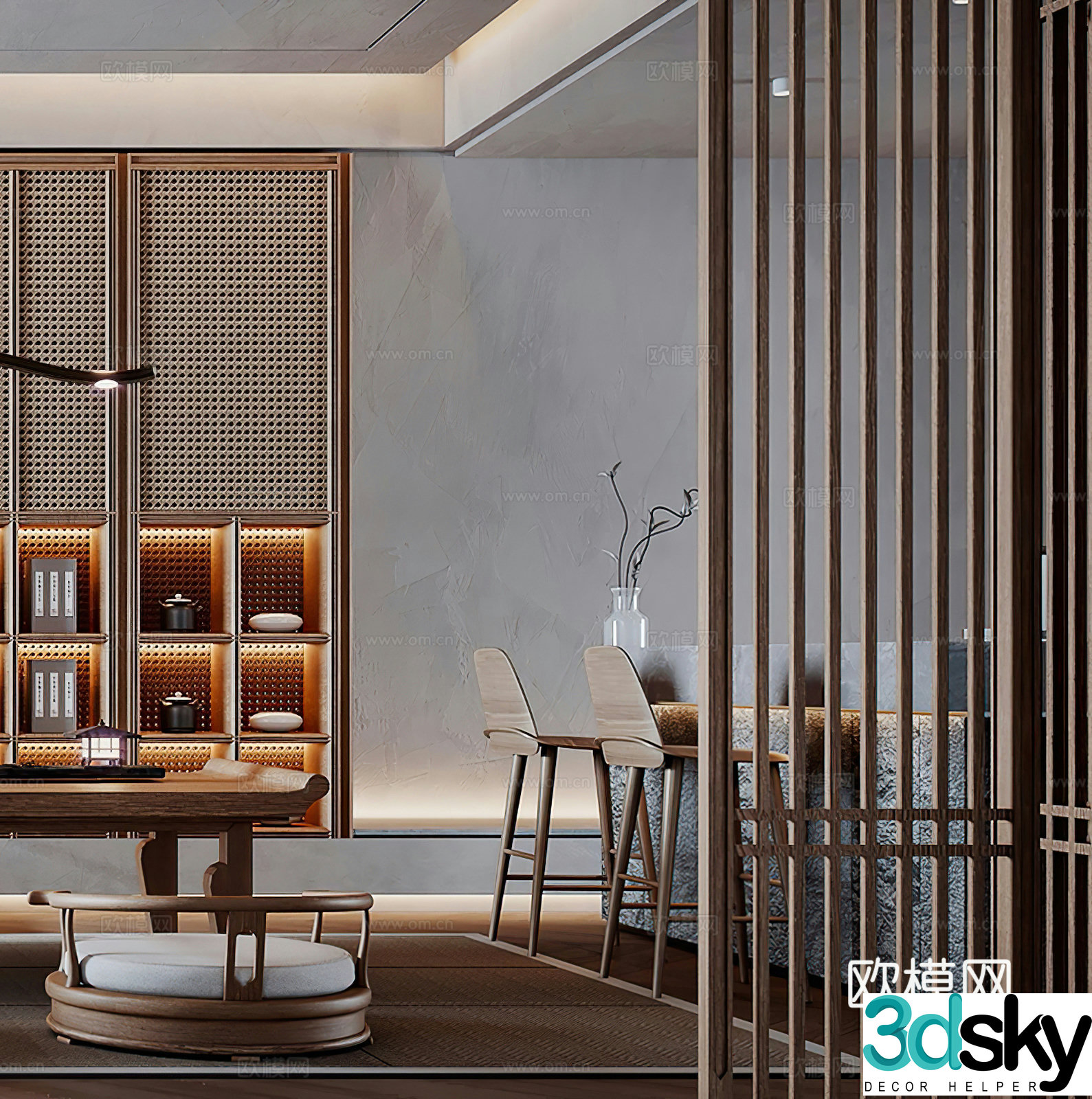 New Chinese style bar screen partition restaurant dining table leisure chair tea room tea table tea house 3d model
