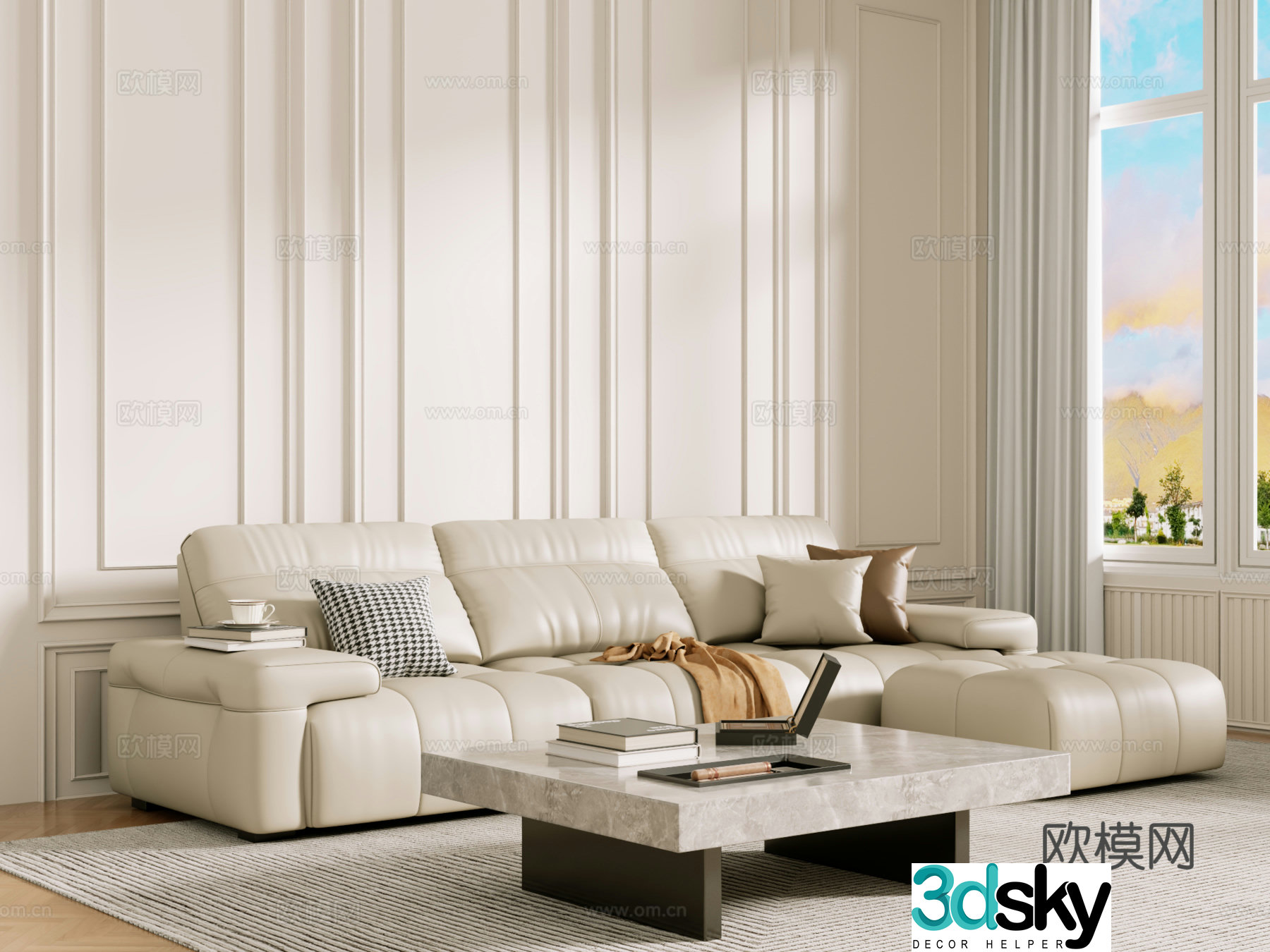 Middle-aged sofa combination coffee table carpet multi-person sofa 3D model