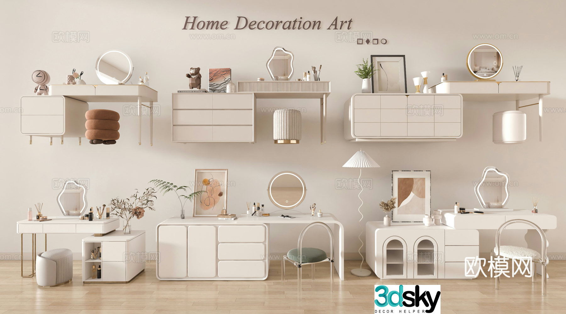 Modern dressing table makeup table cream style dressing table makeup table makeup stool makeup mirror cosmetics makeup 3d model