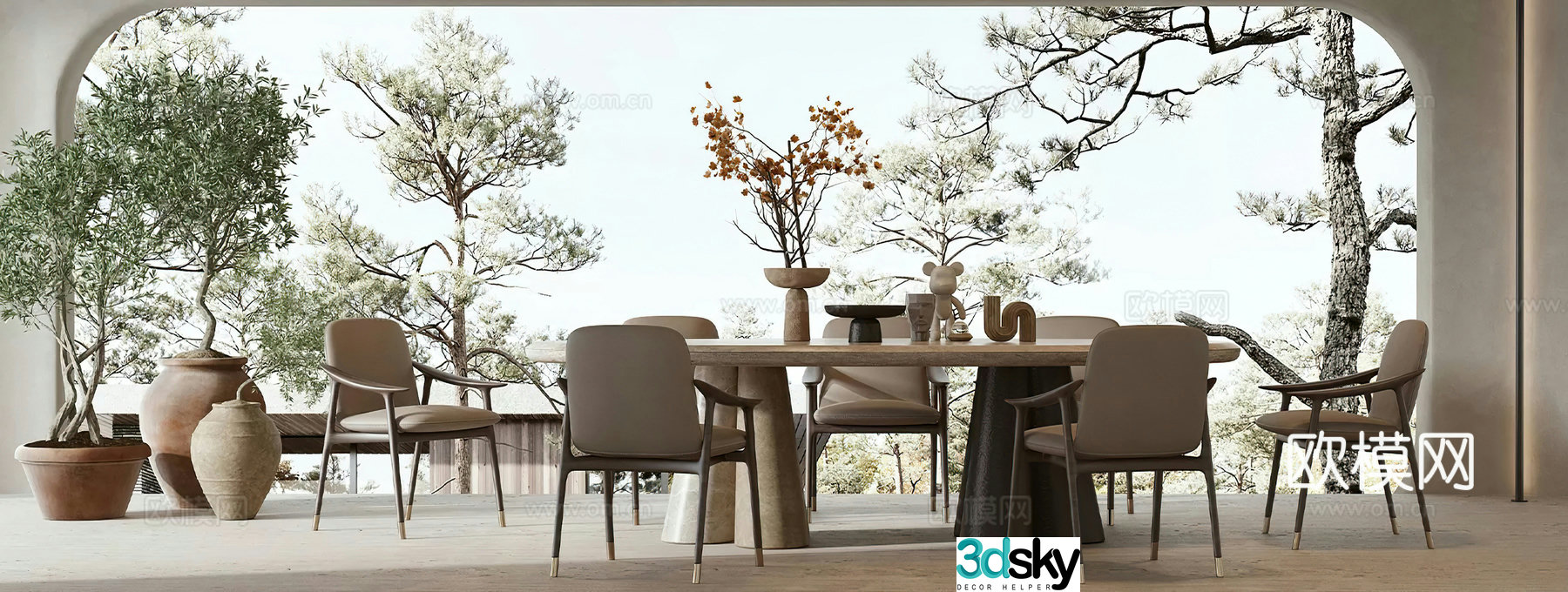 Wabi Sai Restaurant Pot Plant Retro Natural Style Living Restaurant Tea Room Tea House Tea House Modern 3D Model