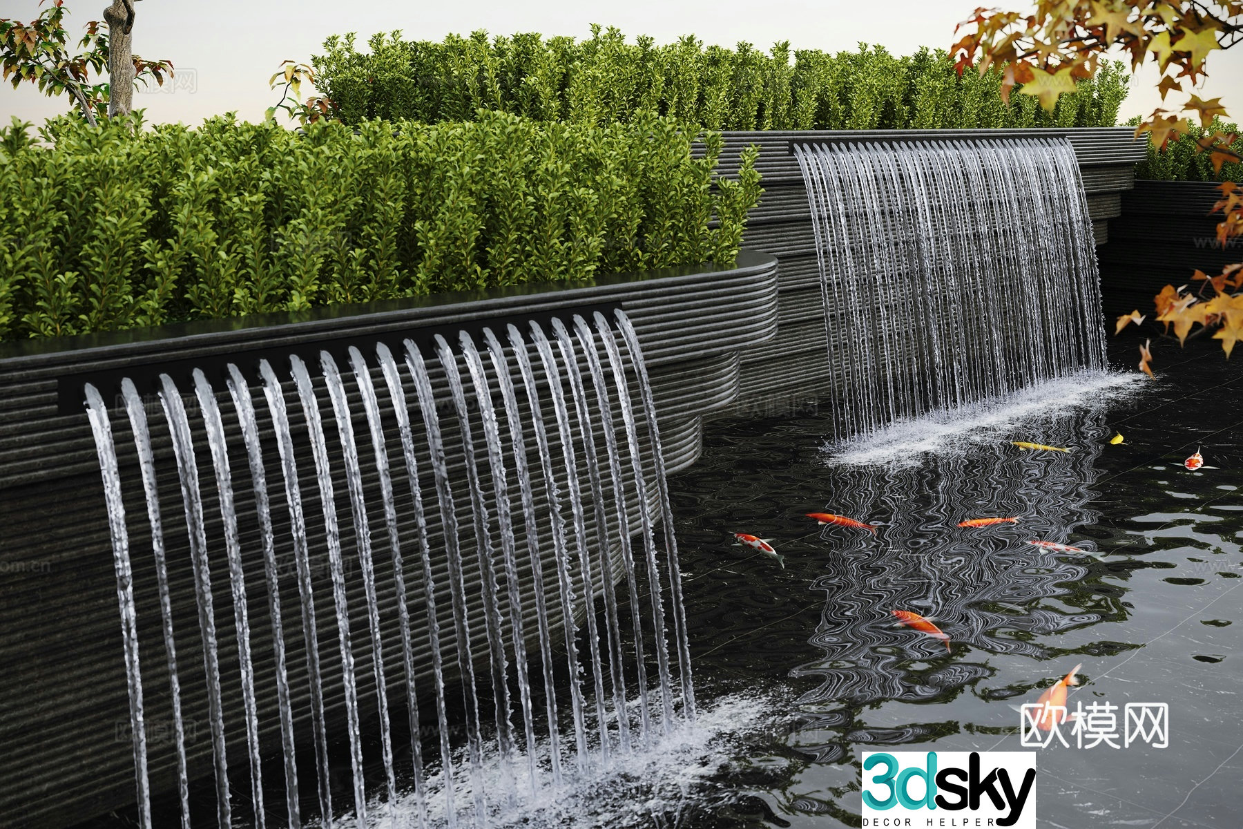 Modern water landscape garden waterscape stacked water fish pond 3d model