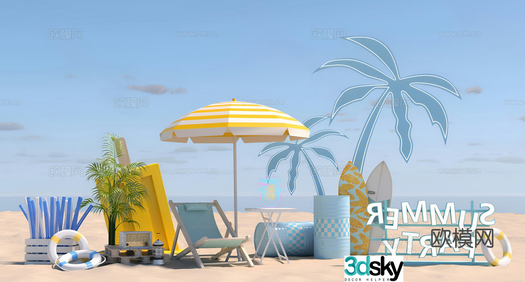 Modern summer beach beauty coconut tree parasol 3d model