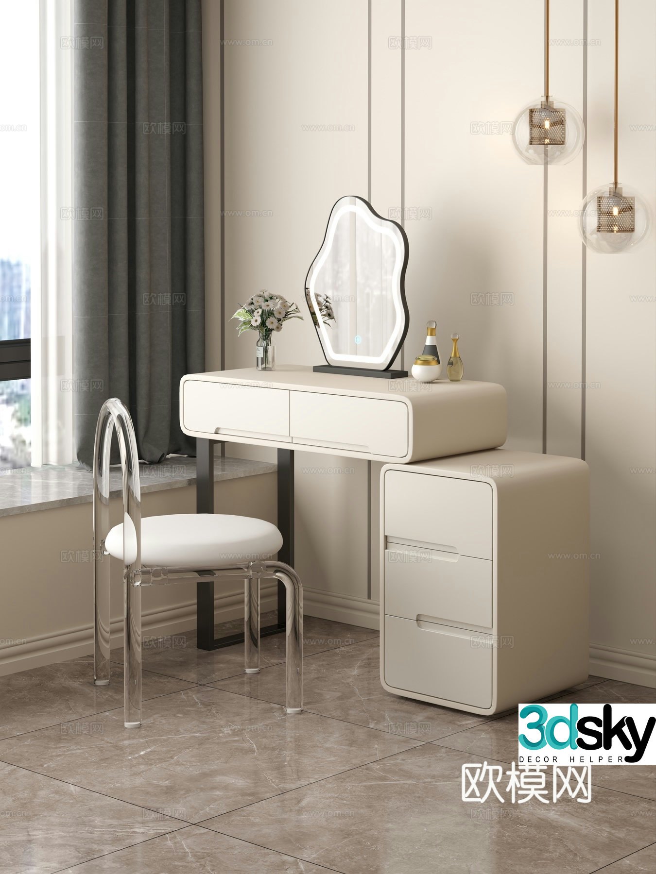 Cream style dressing table makeup stool combination dressing table makeup stool mirror decoration hanging painting 3D model
