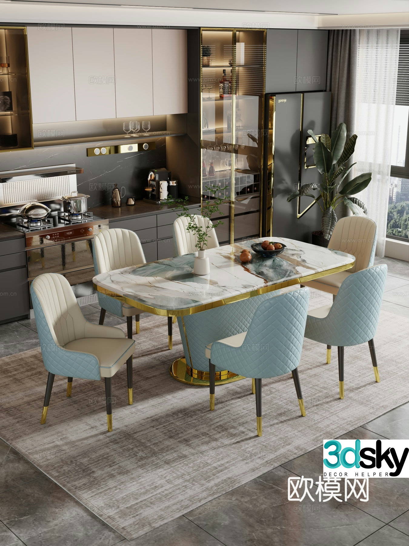 Restaurant Dining table and chair combination Rock table hanging paintings Decoration 3D model