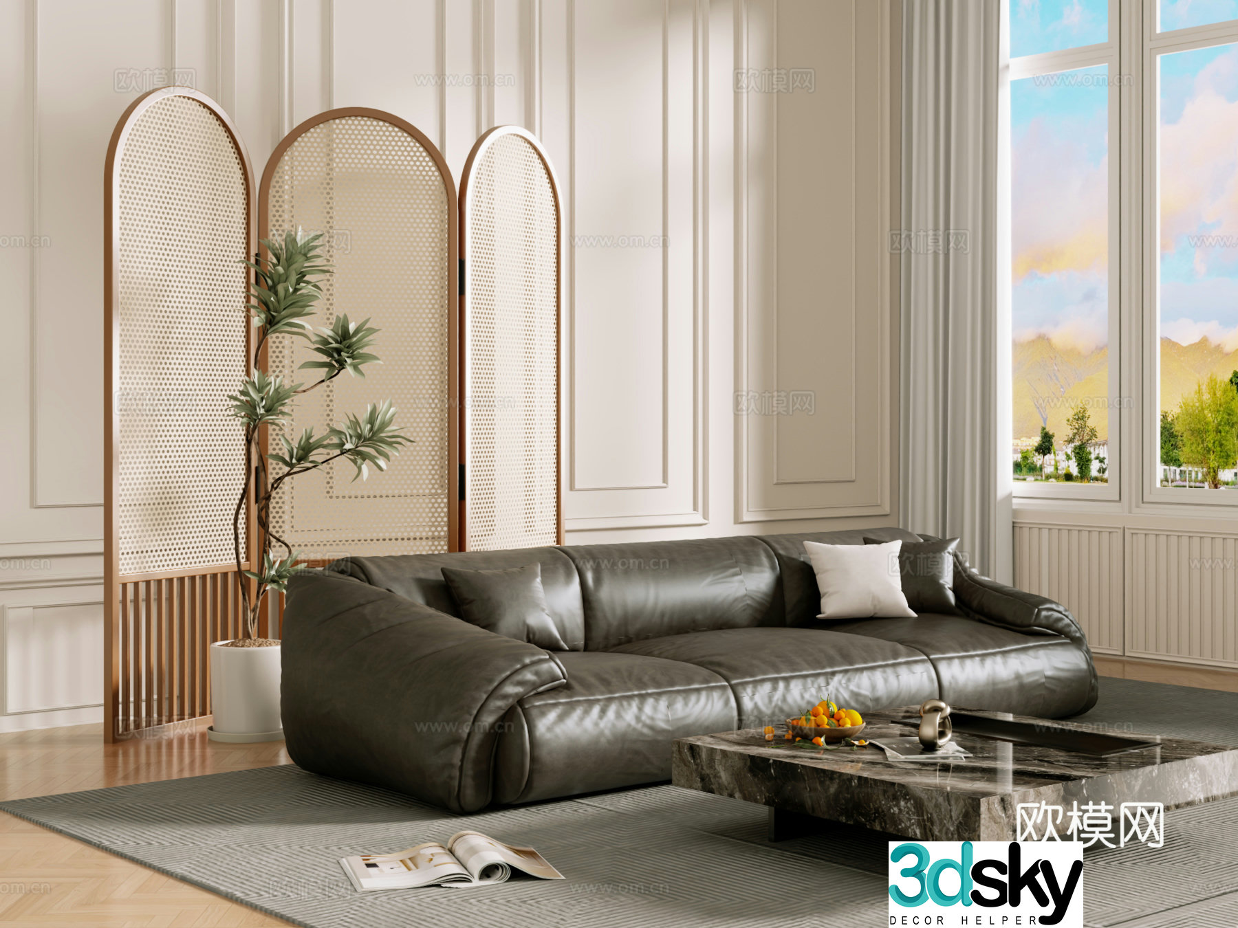 Middle-aged sofa combination coffee table carpet multi-person sofa 3D model