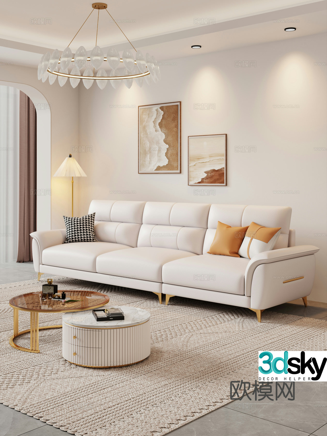 Creamy living room modern simple home living room sofa coffee table combination fabric sofa storage cabinet 3d model