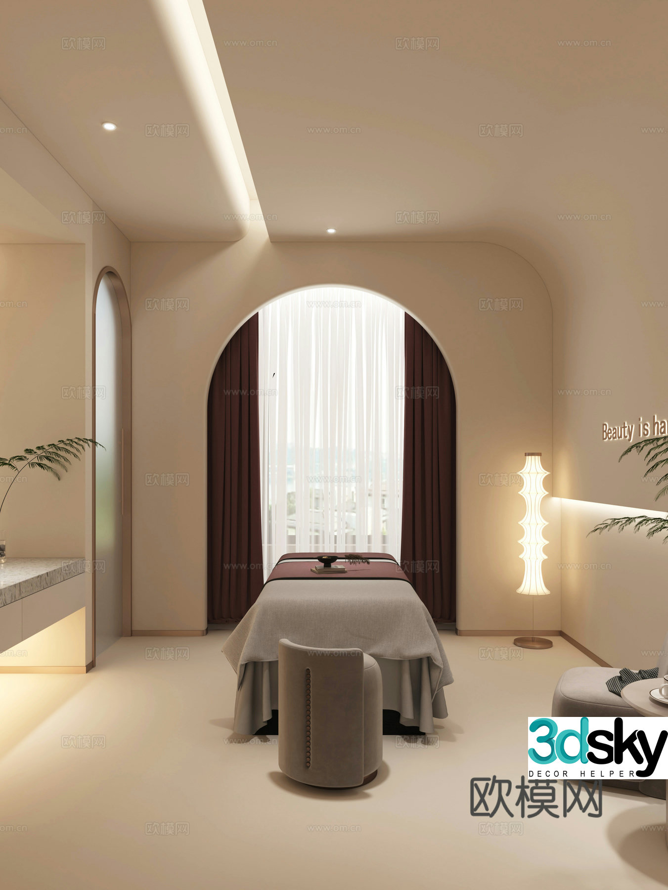 Modern_Beauty Private Room_Beauty Bed_Lounge Chair_Floor Lamp_Drop Curtain 3D Model