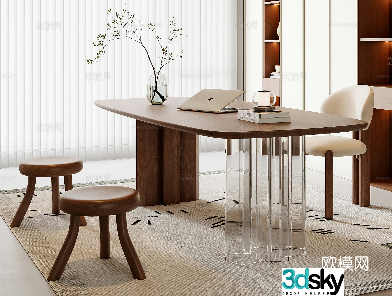 Medium style desk and chair combination 3D model