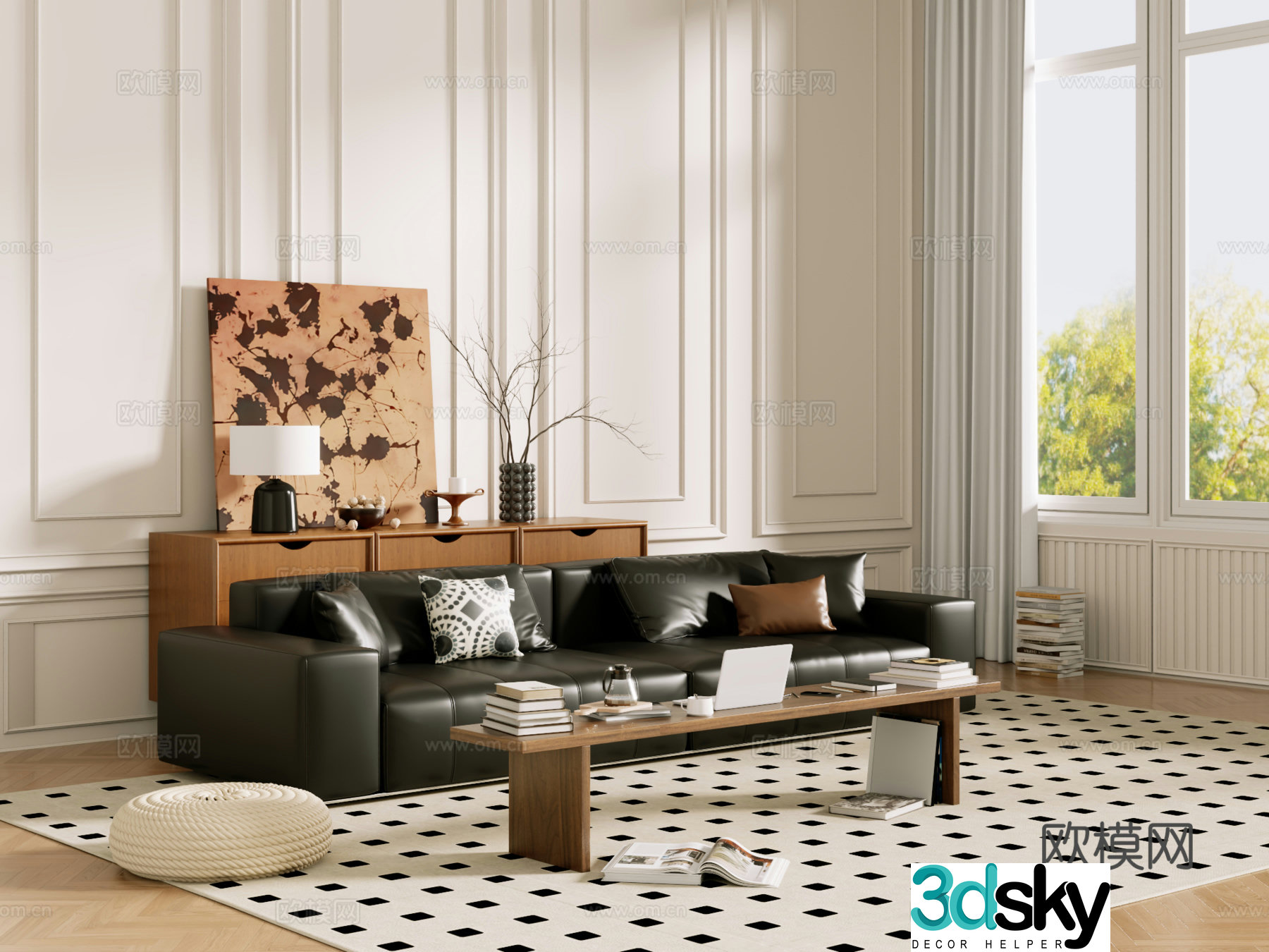 Middle-aged sofa combination coffee table carpet multi-person sofa 3D model
