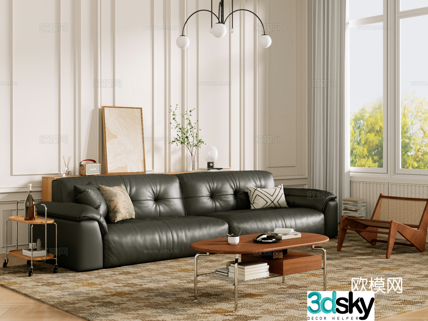 Middle-aged sofa combination coffee table carpet multi-person sofa 3D model