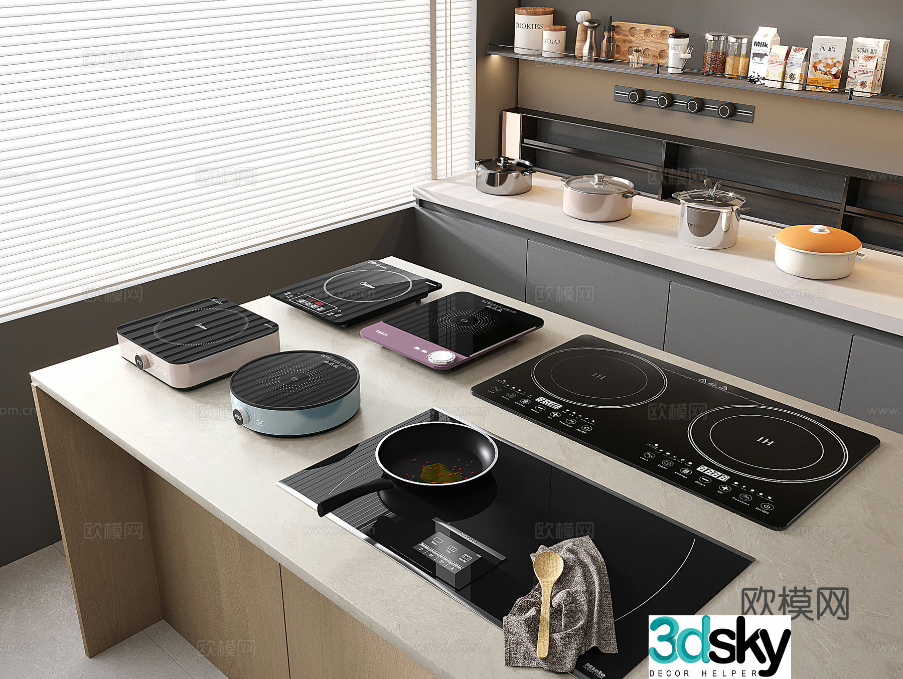 Modern kitchen stove induction cooker embedded integrated panel double stove 3D model