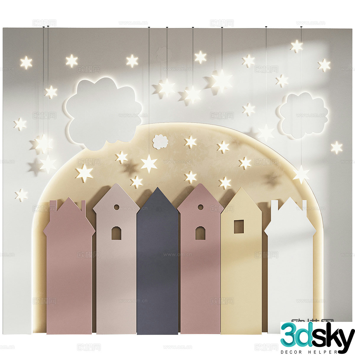 Modern creamy style children’s room bedside background wall 3d model