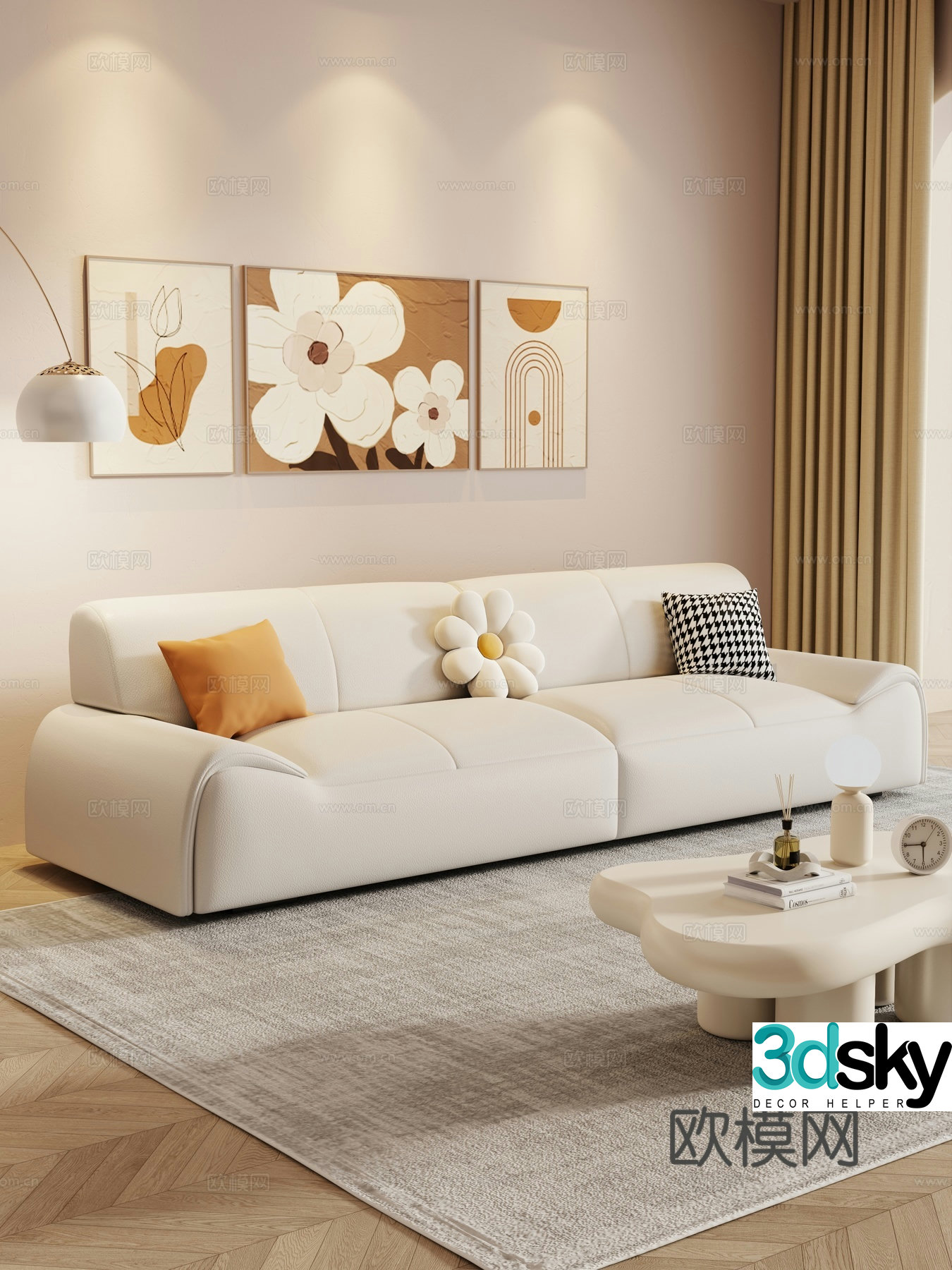 Creamy living room modern simple home living room sofa coffee table combination fabric sofa storage cabinet 3d model