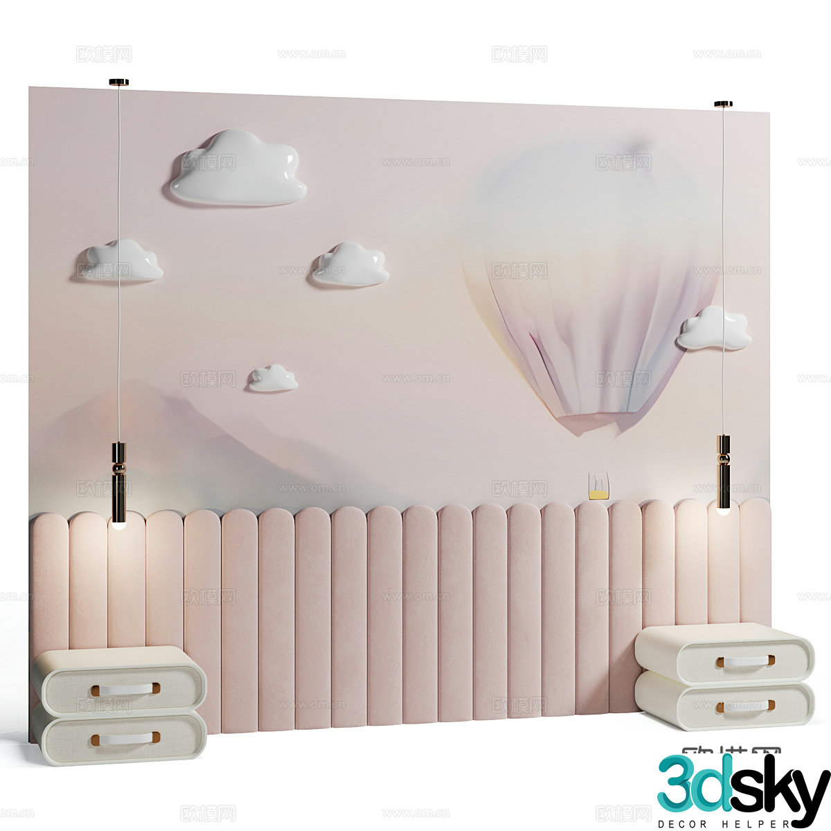 Modern creamy style children’s room bedside background wall 3d model