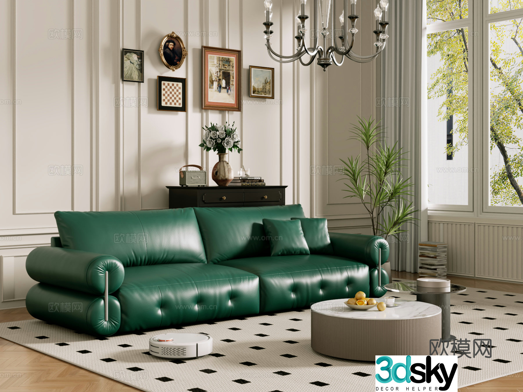 Middle-aged sofa combination coffee table carpet multi-person sofa 3D model