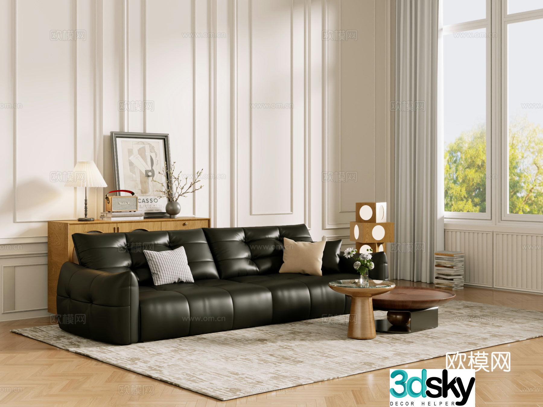Middle-aged sofa combination coffee table carpet multi-person sofa 3D model