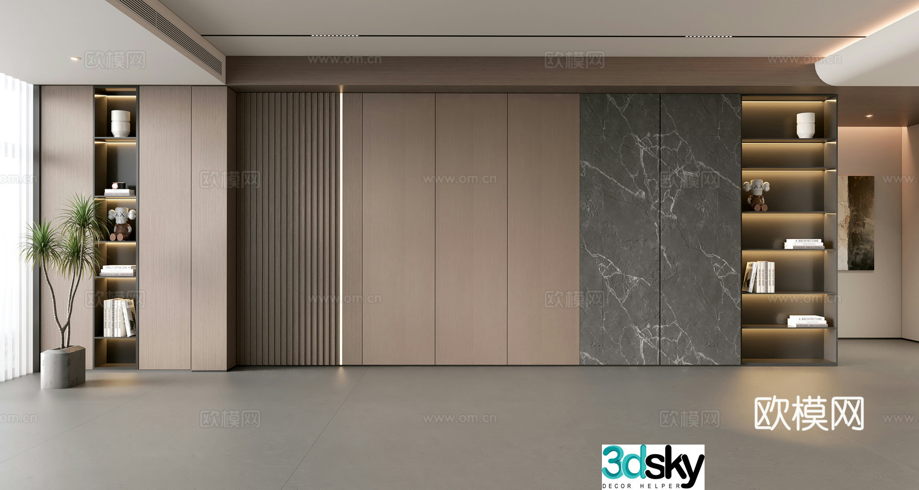 Modern simple sofa background wall modern ornament balcony cabinet living room cabinet wood veneer background wall 3d model