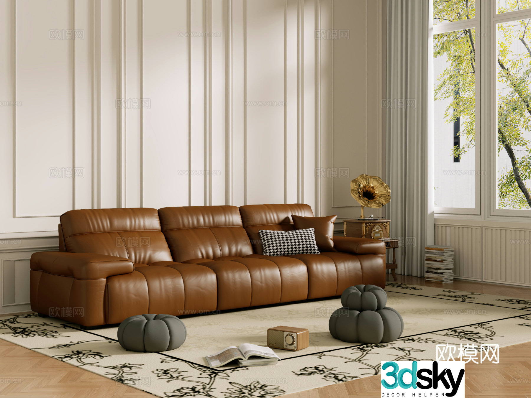Middle-aged sofa combination coffee table carpet multi-person sofa 3D model