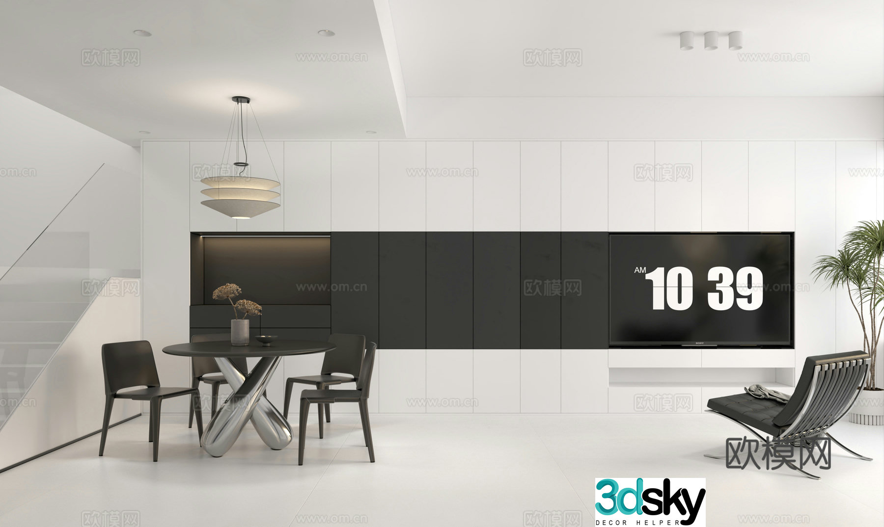 Minimalist living and dining room black and white 3D model