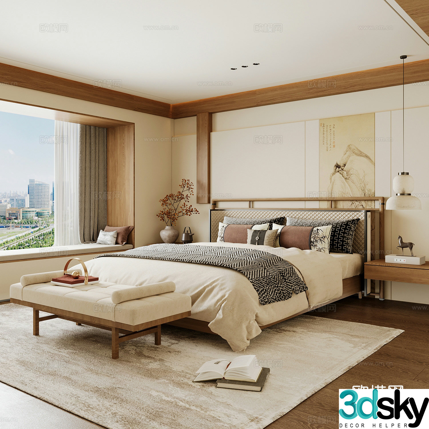 New Chinese style home bedroom Song family aesthetic bedroom Song style bedroom New Chinese style double bed 3D model